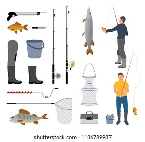 Fishing man with fish, fish-rod and tackle icon. Nets and icebreaker, bucket and box, harpoon and knife, rubber boot and spinning vector illustration