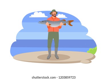 Fishing man with fish in hands vector illustration. Standing fisher holds caught big trout, in sportswear and hat isolated on landscape sport theme