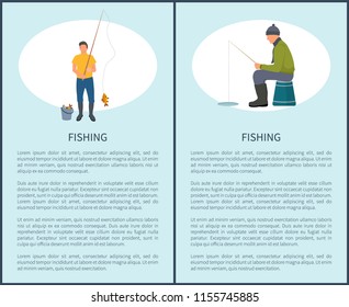 Fishing man fishery posters set with text. Male sitting and waiting for fish to catch bail. Fisherman with rod outdoor activities by water vector