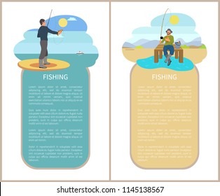 Fishing man fishery posters with text set. Beach and fisherman with rod and fish in hand. Ship floating in distance and person on wooden pier vector