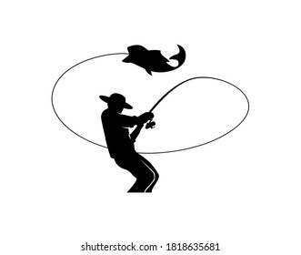 fishing man icon.
The angler is lifting his fishing rod and getting a big fish, vector silhouette.