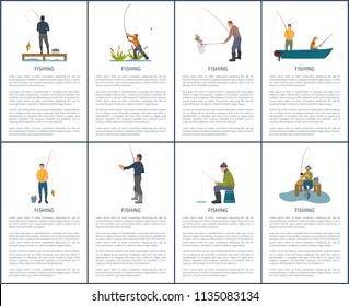 Fishing man from platform, boat and bank. Standing and sitting fishers with fish-rod, fish and bucket, landing net, box for tackle vector illustration