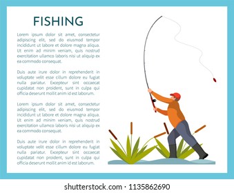 Fishing man poster title with man throwing long rod in lake. Person male standing surrounded by seaweed plants of river pond, vector illustration