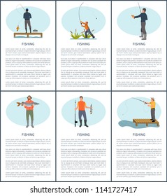 Fishing man posters with text. Fishery hobby and sport of males by lake. Wooden pier and seaweed plants and fisherman showing fish with rod vector