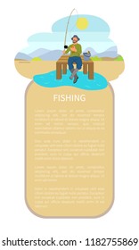 Fishing man sitting cross-legged on pier with throw-line and bucket with haul. Fisherman on dock with rod on lake or riverside back vector poster.