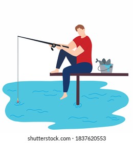 A fishing man is sitting on a wooden pier, holding a long fishing rod and fishing. A man and a bucket of fish. Lake or river, vector illustration