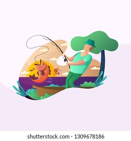 Fishing man at the swamp flat modern illustration concept. 
