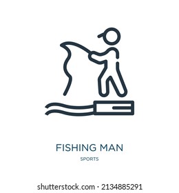 Fischfang Mann dünne Linie Symbol. Mann, wasserlineare Symbole aus dem Sportkonzept isolierte Umrisszeichen. Vektorgrafik-Symbol-Element für Webdesign und Apps.