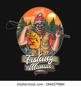 fishing maniac illustration vector graphic