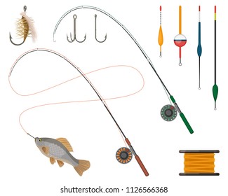 Fishing manufacturers and suppliers‎ icons set. Reel and fishery rod
