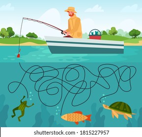 Fishing maze game. Funny fisherman with fishing rod in boat and fishes, educational game for children, cartoon vector illustration. Game educational 