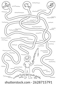 Fishing maze graphic black white sketch vertical illustration vector 