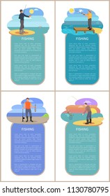 Fishing men at sandy beaches posters with headlines and text samples set. People wearing special clothes catching limbless animals vector illustration