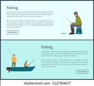 Fishing men waiting for fish to be caught. People floating in boat in middle of lake catching limbless animals. Fishers posters vector illustration