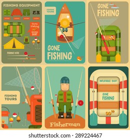 Fishing Mini Posters Set: Fisherman and Equipment for Fishing: Fishing Rod, Hooks, Boat, Fish, Tent, Bobber. Layered file. Vector illustration.