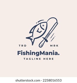 Fishing minimal logo icon doodle. Hand drawn fish rod line cartoon drawing vintage vector illustration.