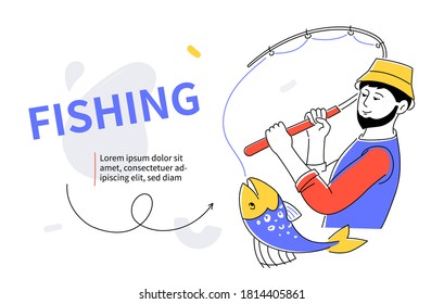 Fishing - modern colorful flat design style web banner with line elements, copy space for text. Hobby, leisure and summer activity concepts. An illustration with a fisherman with a rod catching fish