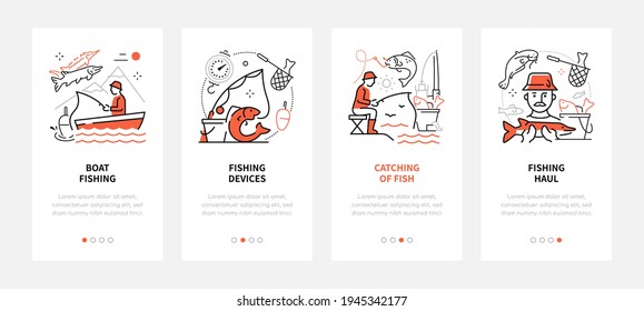 Fishing - modern line design style web banners with copy space for text. Hobby, recreation and summer activity concepts. Carousel posts with a boat, devices and equipment, catching fish, haul images