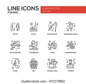 Fishing - modern vector plain line design icons and pictograms set. Catch, float, rod, spring balance, boat, fisherman, lure, spinning hook net haul