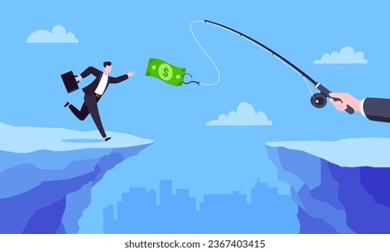 Fishing money chase business concept with businessman running after dangling dollar jumps over the cliff. Working hard and always busy in the loop routine flat style design vector illustration.