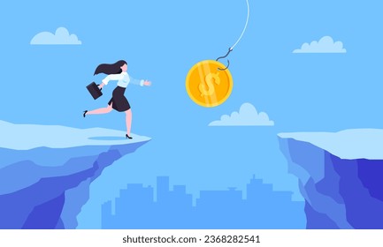 Fishing money chase business concept with businesswoman running after dangling coin jumps over the cliff. Working hard and always busy in the loop routine flat style design vector illustration.