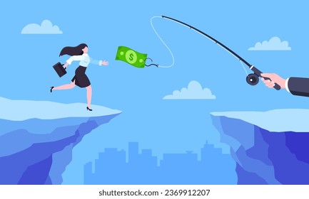 Fishing money chase business concept with businesswoman running after dangling dollar jumps over the cliff. Working hard and always busy in the loop routine flat style design vector illustration.