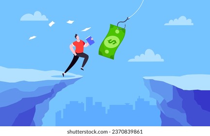 Fishing money chase business concept with businessman running after dangling dollar jumps over the cliff. Working hard and always busy in the loop routine flat style design vector illustration.