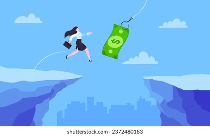 Fishing money chase business concept with businesswoman running after dangling dollar jumps over the cliff. Working hard and always busy in the loop routine flat style design vector illustration.