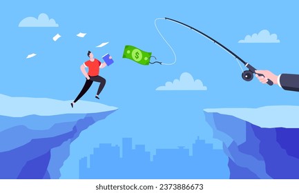 Fishing money chase business concept with businessman running after dangling dollar jumps over the cliff. Working hard and always busy in the loop routine flat style design vector illustration.