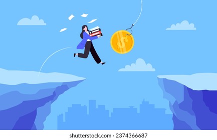 Fishing money chase business concept with businesswoman running after dangling coin jumps over the cliff. Working hard and always busy in the loop routine flat style design vector illustration.