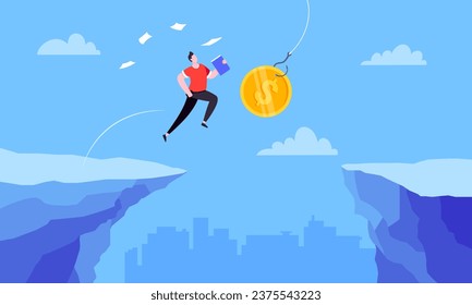Fishing money chase business concept with businessman running after dangling dollar jumps over the cliff. Working hard and always busy in the loop routine flat style design vector illustration.