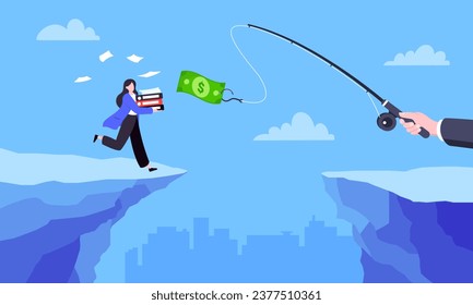 Fishing money chase business concept with businesswoman running after dangling dollar jumps over the cliff. Working hard and always busy in the loop routine flat style design vector illustration.