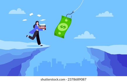 Fishing money chase business concept with businesswoman running after dangling dollar jumps over the cliff. Working hard and always busy in the loop routine flat style design vector illustration.