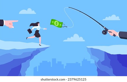 La pesca del dinero persigue el concepto de negocios con una mujer de negocios que corre después de que el dólar se tambalea por el precipicio. Trabajar duro y siempre ocupado en la ilustración vectorial de diseño de estilo plano de rutina de bucle.