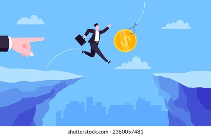 Fishing money chase business concept with businessman running after dangling dollar jumps over the cliff. Working hard and always busy in the loop routine flat style design vector illustration.