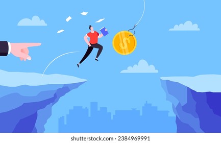 Fishing money chase business concept with businessman running after dangling dollar jumps over the cliff. Working hard and always busy in the loop routine flat style design vector illustration.