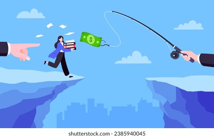 Fishing money chase business concept with businesswoman running after dangling dollar jumps over the cliff. Working hard and always busy in the loop routine flat style design vector illustration.