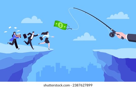 Fishing money chase business concept with people running after dangling dollar jumps over the cliff. Working hard and always busy in the loop routine flat style design vector illustration.