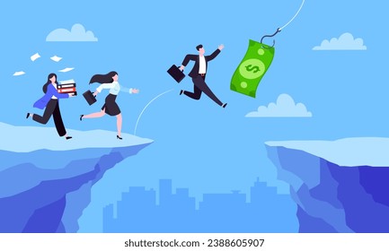 Fishing money chase business concept with people running after dangling dollar jumps over the cliff. Working hard and always busy in the loop routine flat style design vector illustration.