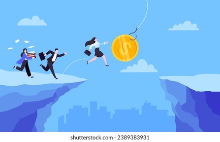 Fishing money chase business concept with people running after dangling dollar jumps over the cliff. Working hard and always busy in the loop routine flat style design vector illustration.