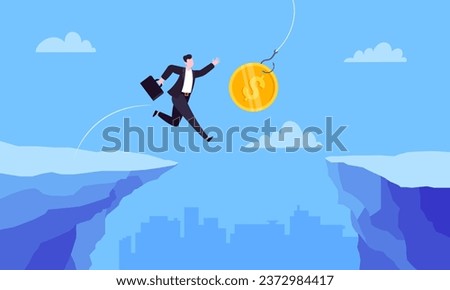 Fishing money chase business concept with businessman running after dangling dollar jumps over the cliff. Working hard and always busy in the loop routine flat style design vector illustration.
