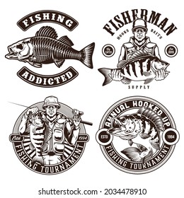 Fishing monochrome vintage emblems with bass fish skeleton smiling fishers in sunglasses holding caught perches on light background isolated vector illustration