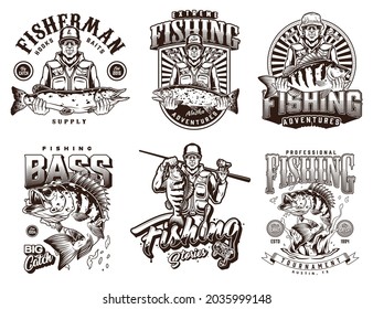 Fishing monochrome vintage emblems with big bass fishes in water splashes smiling fishers holding caught perches pike and trout on light background isolated vector illustration