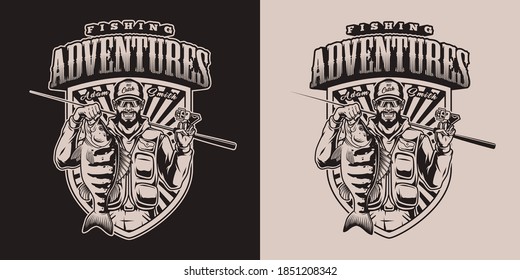Fishing monochrome vintage label with smiling bearded fisherman with fishing rod and big perch isolated vector illustration