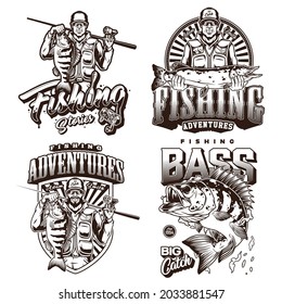 Fishing monochrome vintage labels with inscriptions perch in water splashes fishing reel smiling anglers with big catch isolated vector illustration