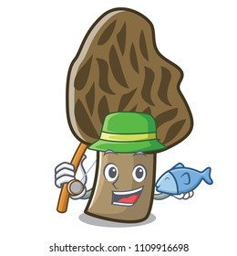 Fishing morel mushroom mascot cartoon