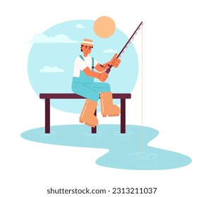 Fishing in morning flat vector spot illustration. Fisherman with spinning 2D cartoon character on white background for web UI design. Summertime. Fishing season isolated editable creative hero image