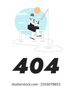 Pesca en el vector matutino con ilustración de estado vacío. No se encontró la página editable 404 para UX, diseño de interfaz de usuario. Pescador con vara sobre el muelle aislado de carácter monocromático plano sobre blanco. Mensaje flash de error