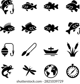 fishing and nature related fish hooks boats aquatic life and outdoor elements
