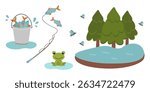 Fishing and nature scene with a frog, fish, and trees near a calm body of water during the day. Flat style vector illustration.